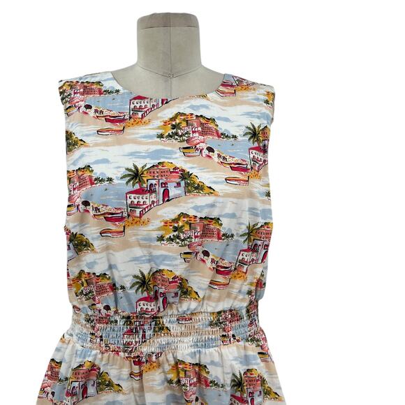 Boden Smocked Waist Mini Dress Paradise Bay Beach Print White Size US 12R - Picture 4 of 13